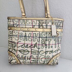 Like New Coach Limited Edition Gold Graffiti Tattersall Satchel Purse Tote Bag